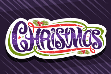 Wall Mural - Vector logo for Merry Christmas, cut paper signage with swirly calligraphic font, red and green decorative flourishes and curls, unique brush lettering for word christmas on purple abstract background