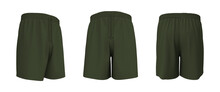 Blank Sweat Shorts Mockup In Front, Back And Side Views. 3d Rendering, 3d Illustration.