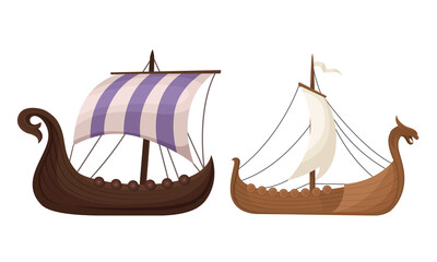 Wall Mural - viking ship or scandinavian marine vessels with dragon head vector set