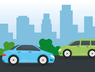 Poster - cars vehicles traveling on the city vector illustration design