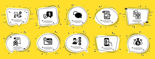 Education icons set. Speech bubble offer banners. Yellow coupon badge. Included icon as Certificate, Messenger, Passport document signs. Check investment, Payment received, Lawyer symbols. Vector