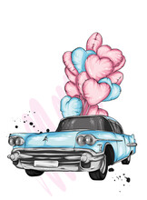 Car With Balloons In The Shape Of Hearts. Vector Illustration For Greeting Card Or Poster. Love, Friendship, Valentine's Day.