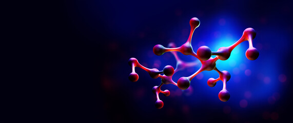 Leinwandbilder - Molecule 3D illustration. Biology, chemistry, medicine scientific background. Atomic bonds studies with a microscope inside body. Nanotechnology and Science of Future