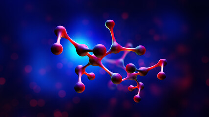 Leinwandbilder - Molecule 3D illustration. Biology, chemistry, medicine scientific background. Atomic bonds studies with a microscope inside body. Nanotechnology and Science of Future