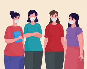 Poster - group of women wearing medical masks characters vector illustration design