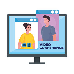 Sticker - couple in desktop for meeting online in display vector illustration design