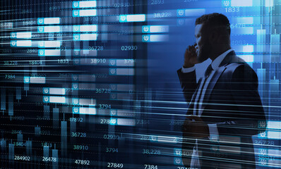 Poster - Financial background for business inverstments concept with trading candlesticks and black businessman