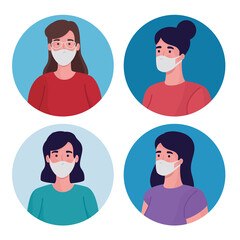 Sticker - group of women wearing medical masks characters vector illustration design