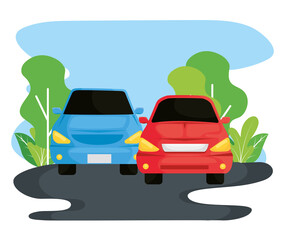 Poster - cars vehicles traveling in the landscape vector illustration design