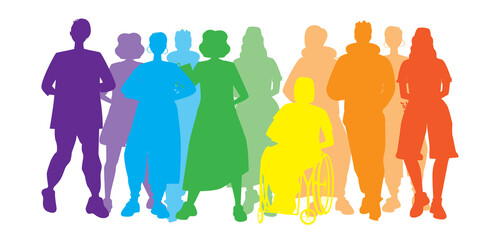 Wall Mural - LGBTQ people isolated as homosexuals, vector stock illustration with silhouettes of gay community, disabled person in chair, inclusiveness concept