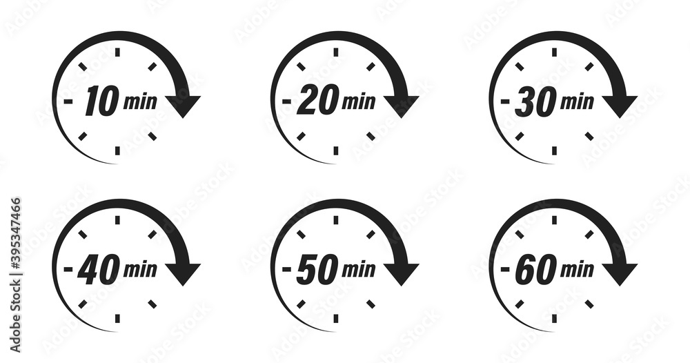 Minute timer icon collection. Vector time clock or stopwatch set. - obrazy, fototapety, plakaty 