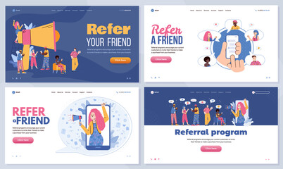 Refer a friend banners for website or landing page set, flat cartoon vector illustration. Referral marketing program of customers recommendations, web banners kit.