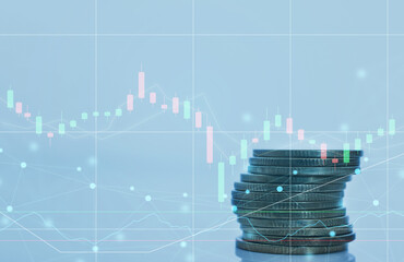 double exposure of city with row of coin stack with growth stock chart and graph progress report for business investment finance banking and money saving concept.