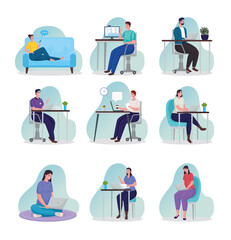 Sticker - group of people using technology for meeting online in workplaces vector illustration design