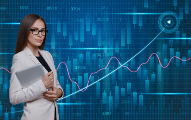 Poster - Business growth concept. Businesswoman over economical background with raising virtual financial chart