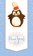 Wall Mural - New Year greeting card, penguin in Santa hat. funny bird in headdress and snow frame, Christmas winter holiday celebration, Arctic smiling animal vector