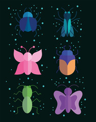 Wall Mural - insects small animals in colored cartoon style on black background