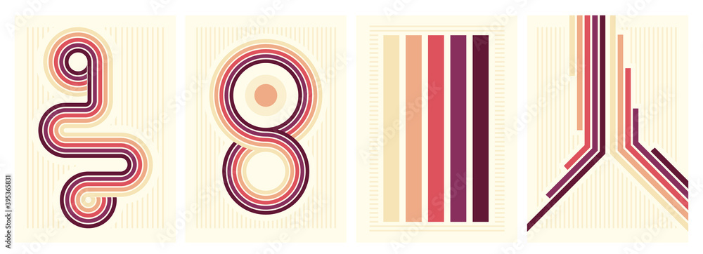 retro vintage 70s style stripes background poster lines. shapes vector design graphic 1970s retro background. abstract stylish 70s era line frame illustration - obrazy, fototapety, plakaty 