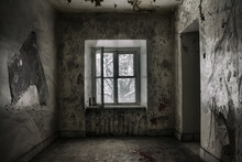 An Old Abandoned Room With A Window. Shabby Walls. The Tree Outside The Window.