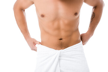 cropped view of shirtless man in towel posing isolated on white