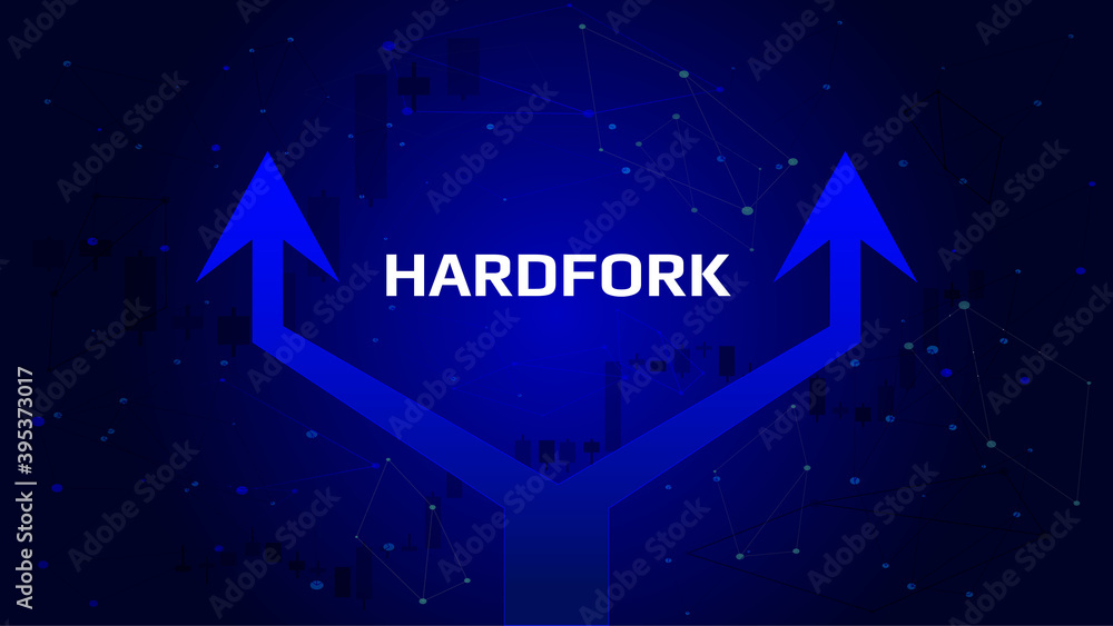 Cryptocurrency hardfork concept with double arrow on dark blue background. Splitting the coin into two parts. Vector illustration.