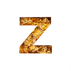 Gold letter Z of English alphabet of shiny foil and paper cut isolated on white. Festive golden typeface