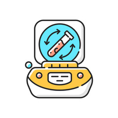 Sticker - Lab centrifuge RGB color icon. Spinning vessel containing material at high speed. Fluids, liquid separation. Laboratory equipment. Rotational movement around fixed axis. Isolated vector illustration