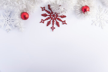 christmas flatlay red decorations on a white background. view from above. new year concept, copy spa