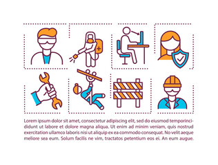 Poster - Workers protection from workplace hazards concept icon with text. Healthful working conditions. PPT page vector template. Brochure, magazine, booklet design element with linear illustrations