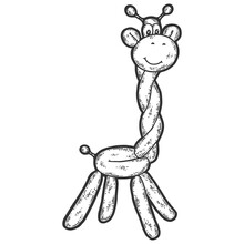 Animal Of Balloons. Cheerful Giraffe. Engraving Raster Illustration.