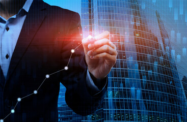Poster - Business Growth Concept. Unrecognizable businessman pointing at rising financial graph, double exposure