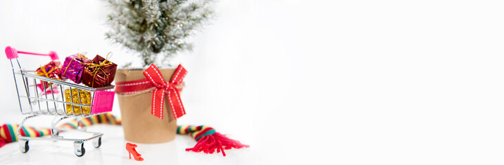 Wall Mural - Christmas tree decoration. Merry Christmas horizontal banner. Small tree isolated on white background.