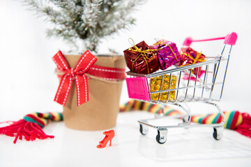 Wall Mural - Christmas decoration with alarm clock. Merry Christmas sale concept in macro. Christmas shopping  abstraction.