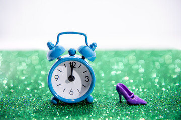 Wall Mural - Christmas decoration with alarm clock. Merry Christmas sale concept in macro. Christmas shopping  abstraction.