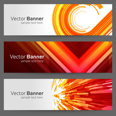 Wall Mural - Geometric banner from abstract particles and round shapes vector template. Red curved dynamic design with yellow spiral transition.