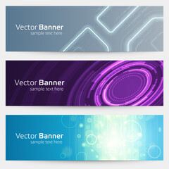 Wall Mural - Abstract banner with geometric techno shapes vector template. White electronic lines with round purple futuristic colorful coated panels.