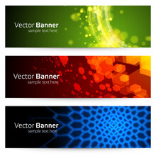 Banner With Abstract Mesh And Geometric Shapes Vector Template. Green Curved Lines Design With Bubbles Red Electronic Cell Polygons.