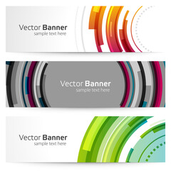 Wall Mural - Round geometric banner with techno shapes vector template. Abstract orange disc design with green dynamic rings.