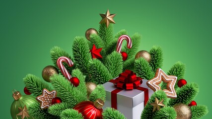 3d render, wrapped gift box hidden inside Christmas tree decorated with glass balls and festive ornaments, isolated on green background.