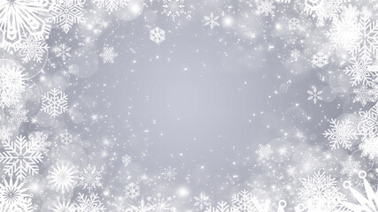 Wall Mural - Winter silver and white frame background with snowflakes and sparkles