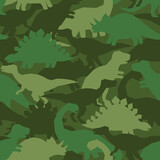 Dinosaur khaki army pattern. Camouflage seamless texture with dino in green colors. Perfect fashion print for childish fabrics and apparel.