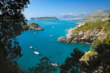 View of the coast near dell'Arcomagno, in the background the island of Dino and Praia a Mare, San Nicola Arcella, District of Cosenza, Calabria, Italy, Europe