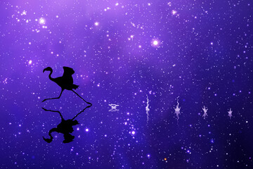 Sticker - Flamingo running in stars. Bird silhouette at night. Blue starry sky