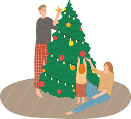 Happy family with small daughter decorating Christmas tree at home together