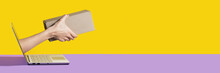 Giving A Delivery Package Or A Gift From The Screen Of The Computer Online Yellow And Purple Background