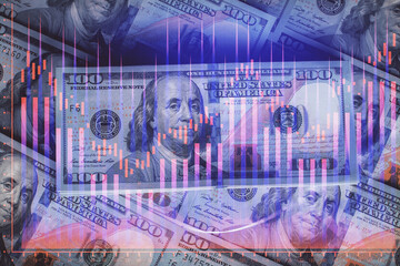 Fototapete - Multi exposure of forex chart drawing over us dollars bill background. Concept of financial success markets.