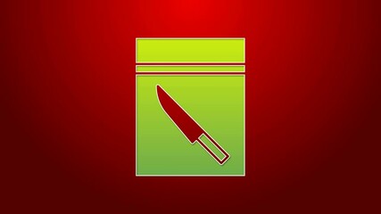 Poster - Green line Evidence bag and knife icon isolated on red background. 4K Video motion graphic animation