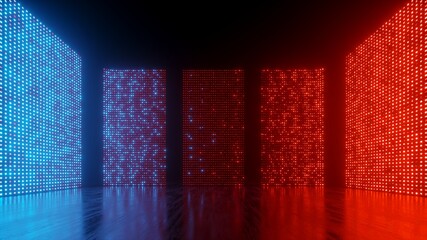 Wall Mural - 3d render, abstract background with neon panels glowing in the dark, red blue gradient