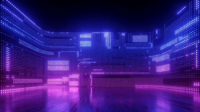 Wall Mural -  - 3d render, abstract futuristic ultraviolet background with cyber screen and glowing neon lights