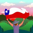Personaje sujetando bandera de Chile con atardecer y campo de fondo